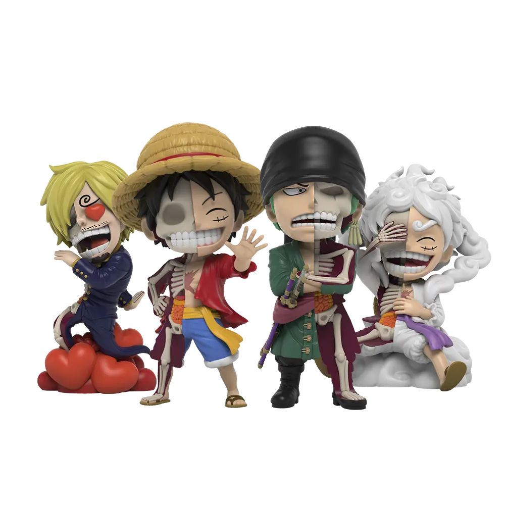 XXRAY One Piece Wanted Series komplett set – Sanji, Luffy, Zoro och Luffy Gear 5 tillsammans.