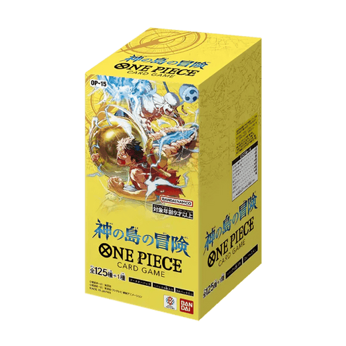 One Piece Adventure on Kami's Island OP-15 Booster Box – gul japansk förpackning sedd snett framifrån.