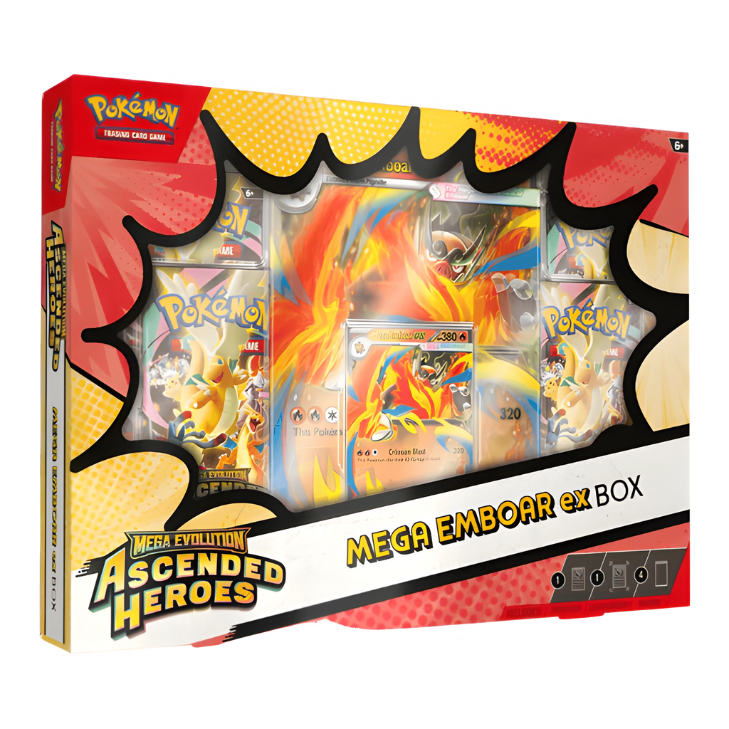 Pokémon TCG: Ascended Heroes Mega Emboar ex Collection box – transparent produktbild