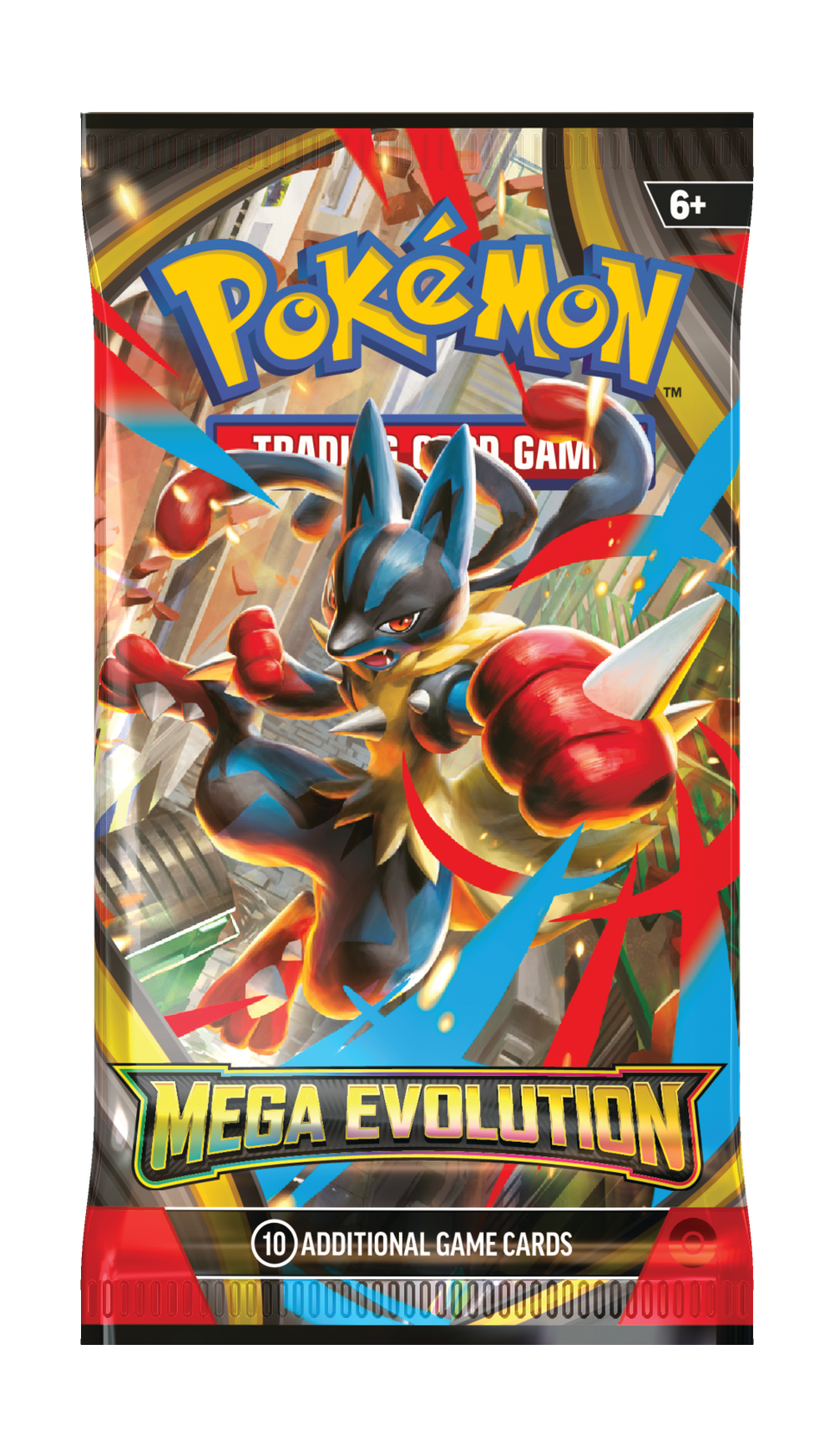 Pokémon Mega Evolution M1 boosterpack – engelsk förpackning med Mega Lucario.