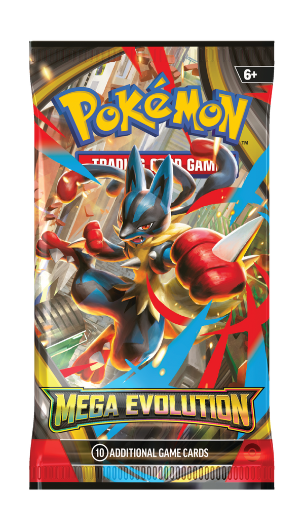 Pokémon Mega Evolution M1 boosterpack – engelsk förpackning med Mega Lucario.
