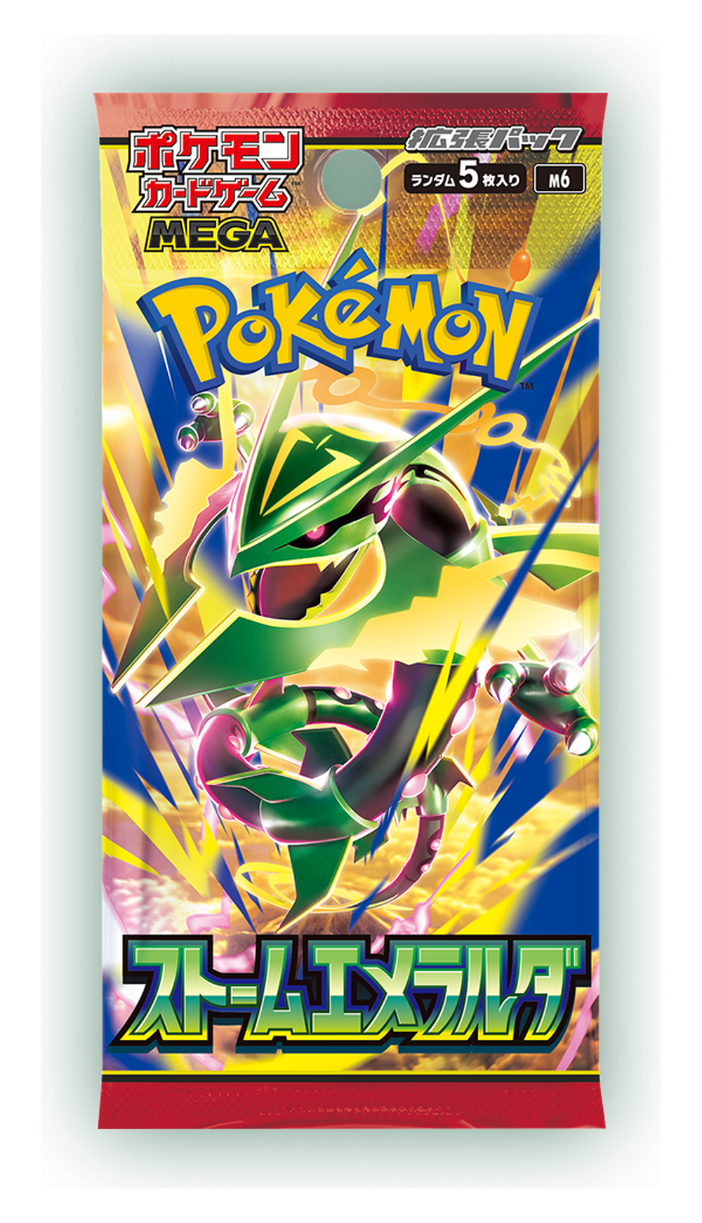 Pokémon Storm Emeralda M6 boosterpack – japansk förpackning med Rayquaza.