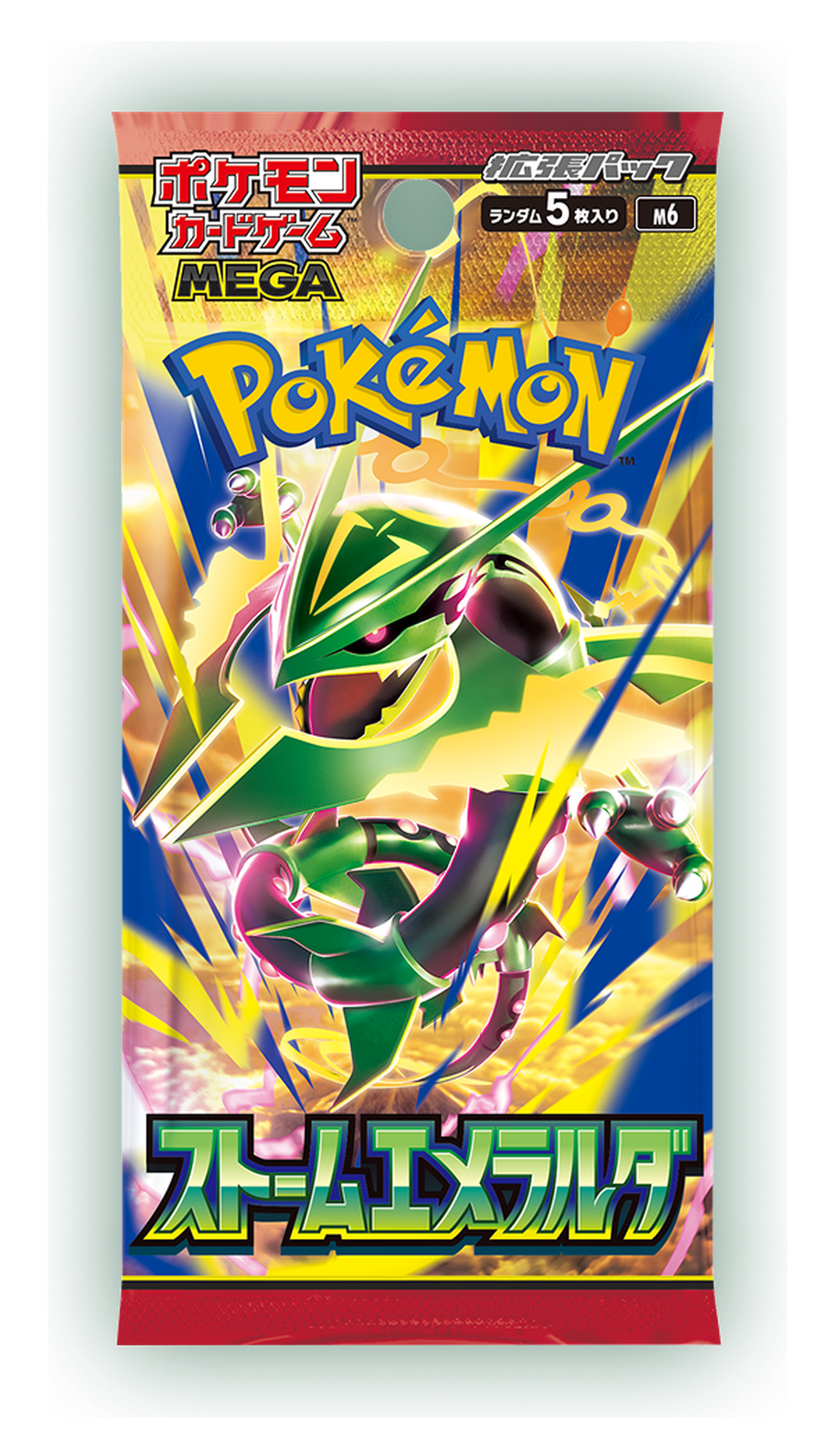 Pokémon Storm Emeralda M6 boosterpack – japansk förpackning med Rayquaza.
