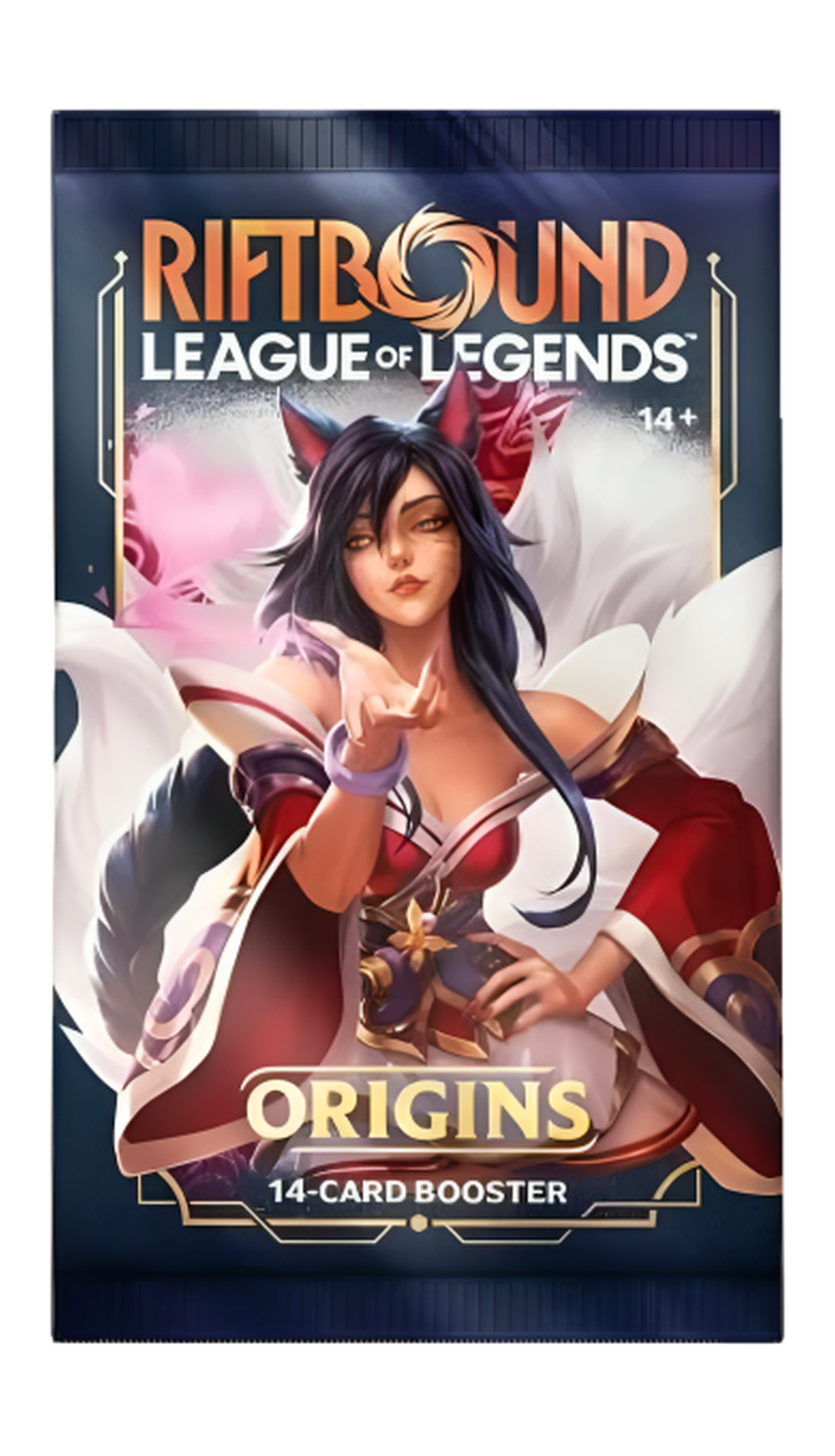 Riftbound Origins boosterpack – mörkblå engelsk förpackning med Ahri.