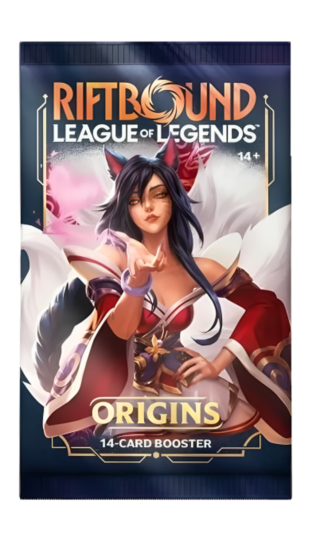 Riftbound Origins boosterpack – mörkblå engelsk förpackning med Ahri.