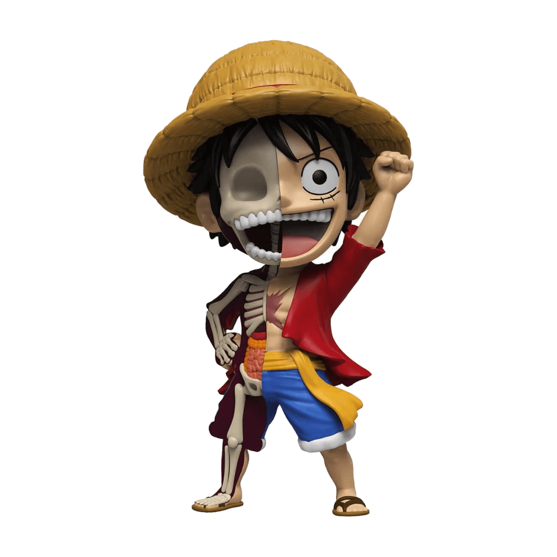 Freeny's Hidden Dissectibles One Piece – Luffy-figur med stråhatt och delvis synligt skelett.