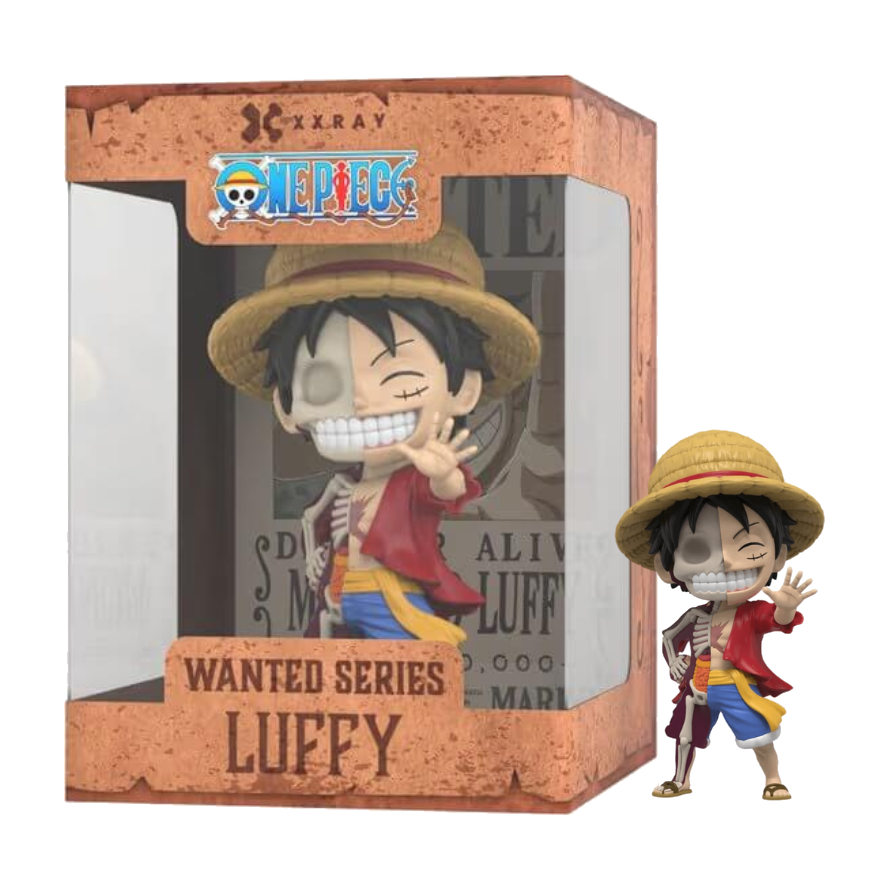 XXRAY One Piece Wanted Series Monkey D. Luffy – figur bredvid sin förpackning.