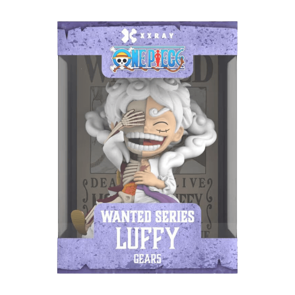XXRAY One Piece Wanted Series Luffy Gear 5 – figur i lila förpackning.