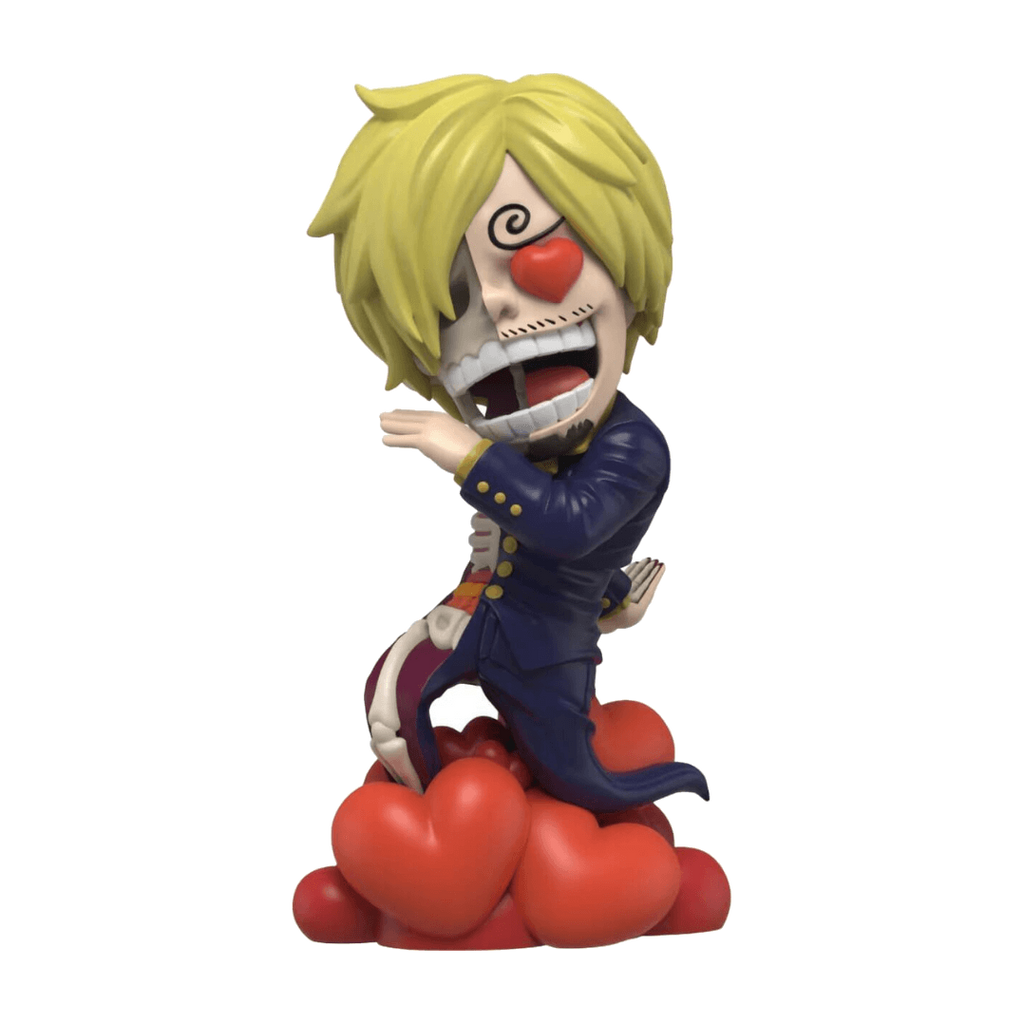 XXRAY One Piece Wanted Series Sanji – figur med blont hår och delvis synligt skelett på röd sockel.