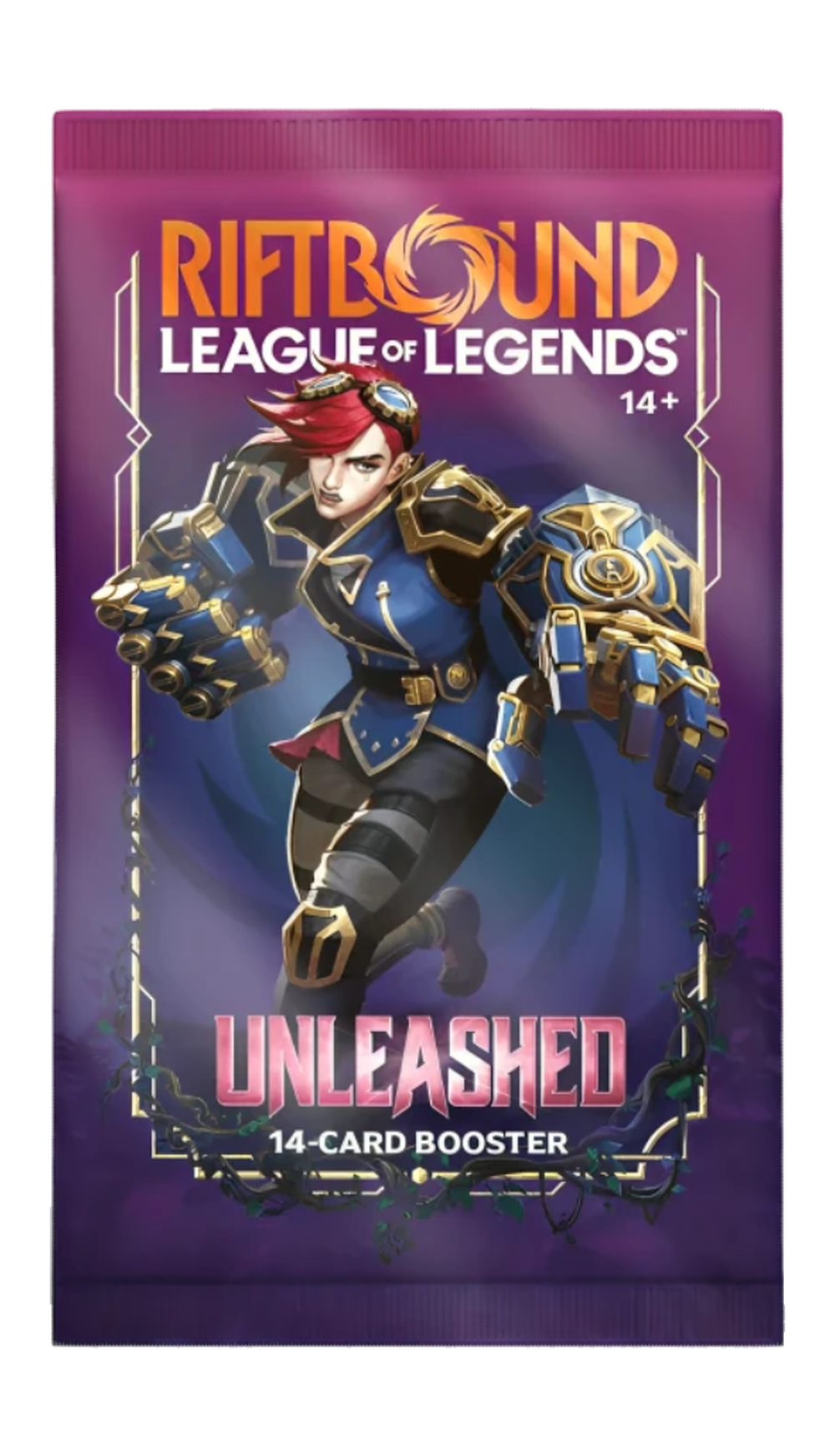 Riftbound Unleashed boosterpack – lila engelsk förpackning med en figur med stora rustningshandskar.