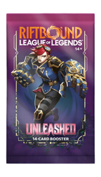 Riftbound Unleashed boosterpack – lila engelsk förpackning med en figur med stora rustningshandskar.