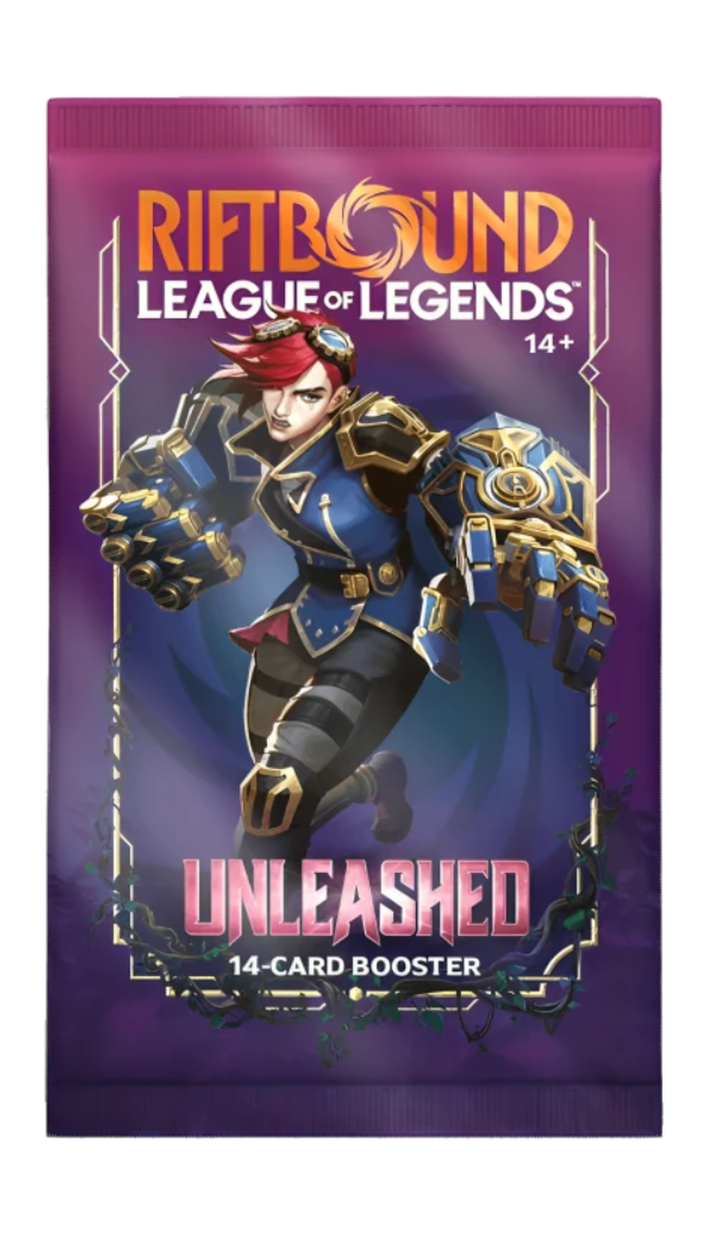 Riftbound Unleashed boosterpack – lila engelsk förpackning med en figur med stora rustningshandskar.