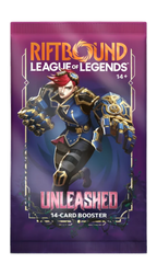 Riftbound Unleashed boosterpack – lila engelsk förpackning med en figur med stora rustningshandskar.